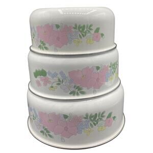 set of 3 Vintage Kobe Kitchen Pink Flower Enamelware Nesting Bowls